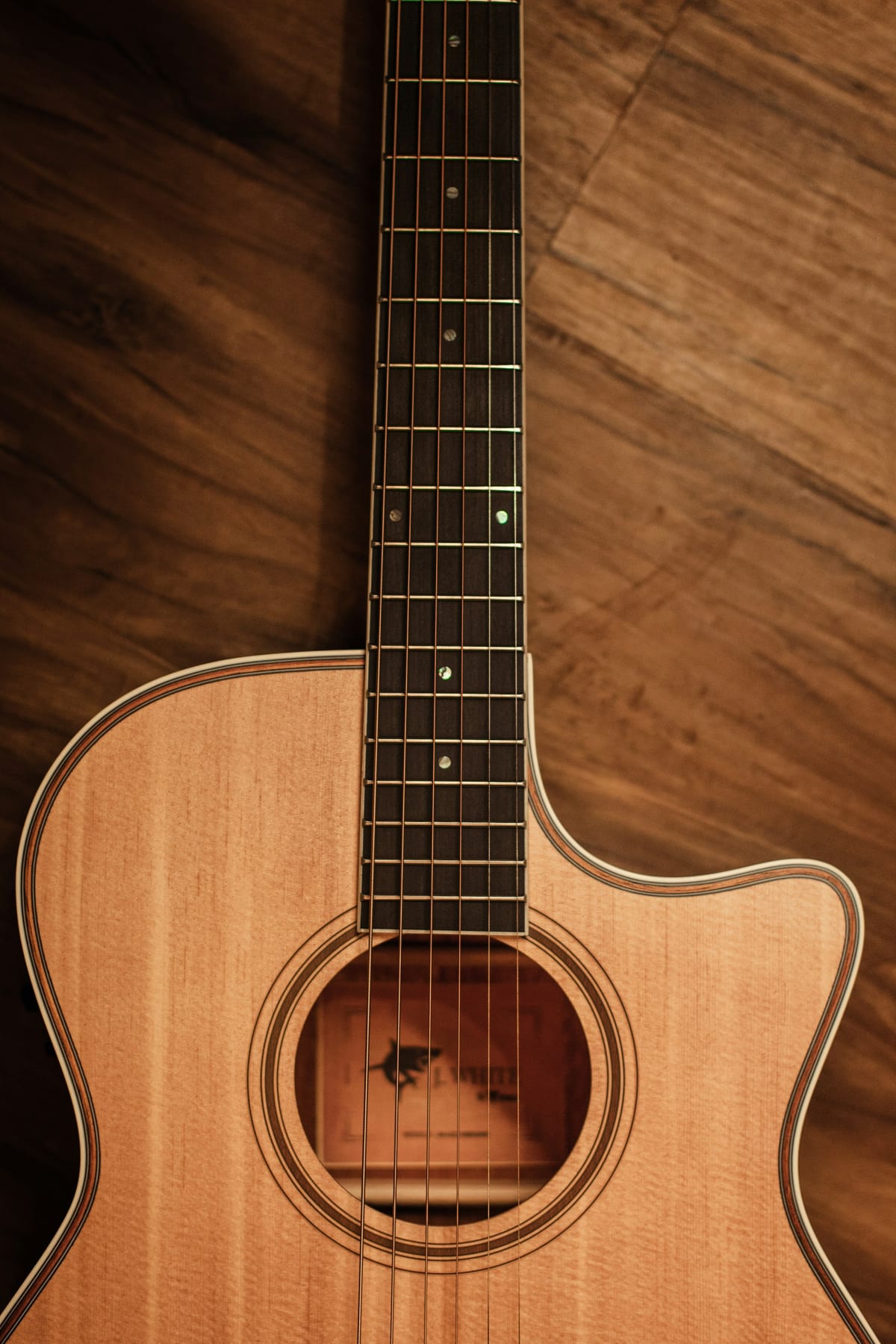 Close detail of an acoustic guitar body, soundhole and rosette