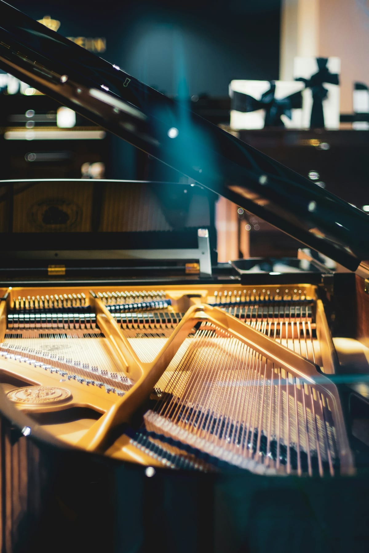 Interior detail of a grand piano showing strings and frame under soft light